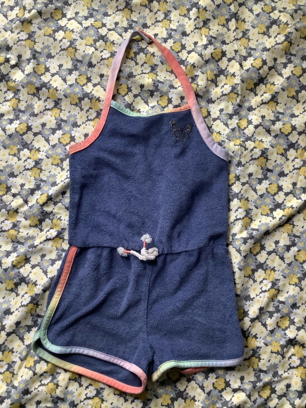 Epic Threads Navy Terry Halter Romper with Rainbow Trim